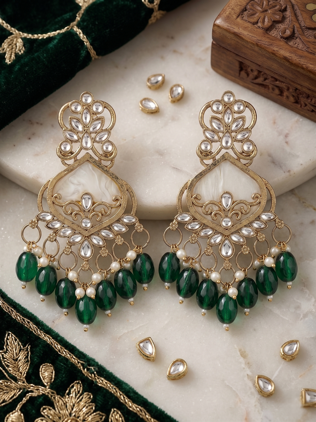Antique Gold-Plated Emerald Green Chandbali Earrings with Mother-of-Pearl Detail