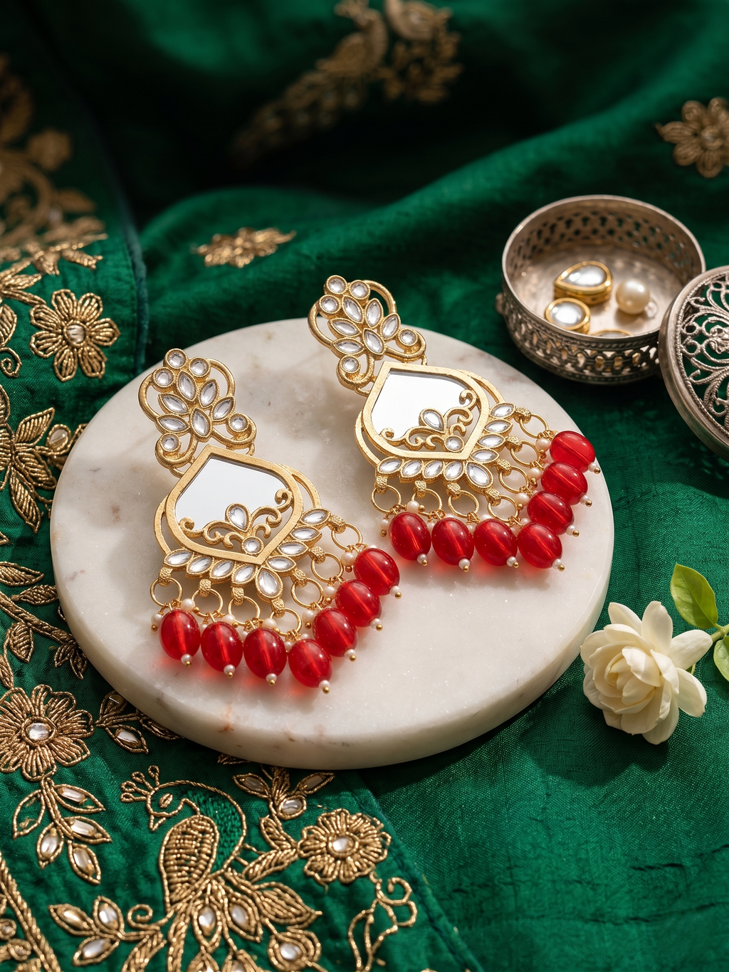 Gold-Plated Red Bead Chandbali Earrings with Sheesha Mirror Work