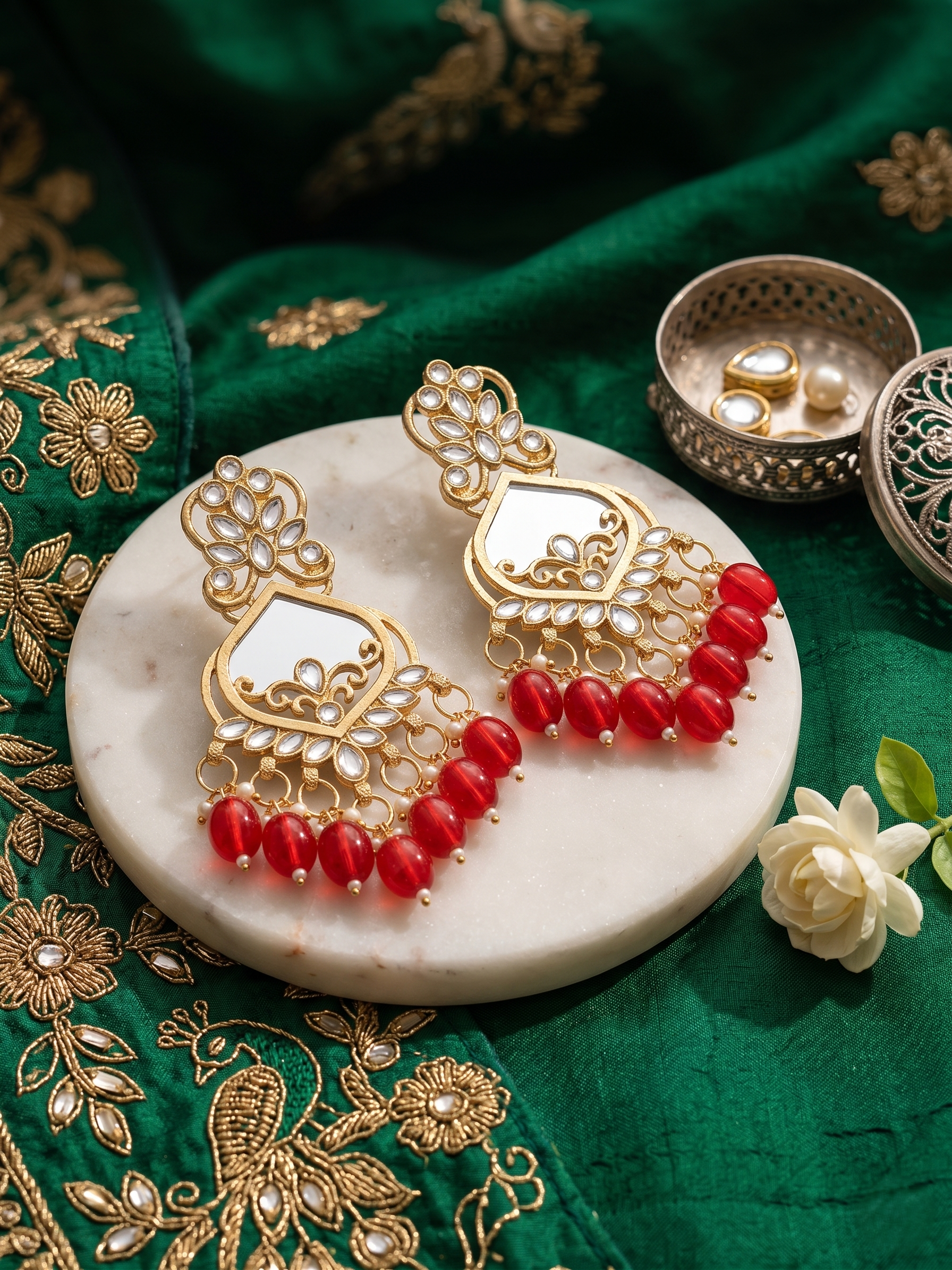 Gold-Plated Red Bead Chandbali Earrings with Sheesha Mirror Work