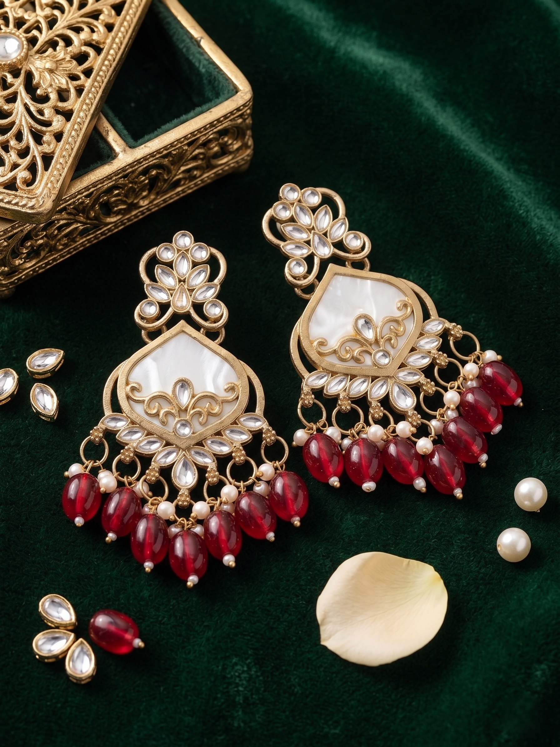 Antique Gold-Plated Ruby Red Chandbali Earrings with Mother-of-Pearl Inlay