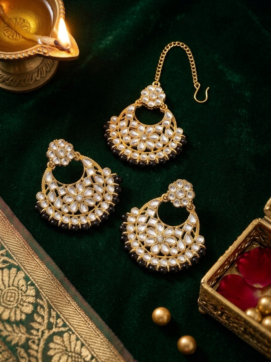 Antique Gold-Plated Kundan Chandbali Earring & Maang Tikka Set with Black Beads