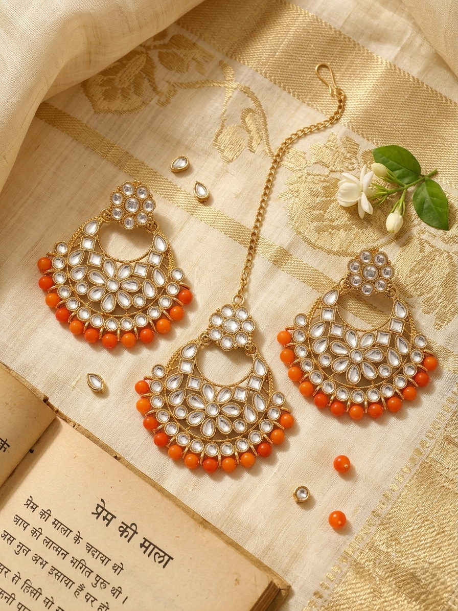 Antique Gold-Plated Kundan Chandbali Earring & Maang Tikka Set with Orange Beads