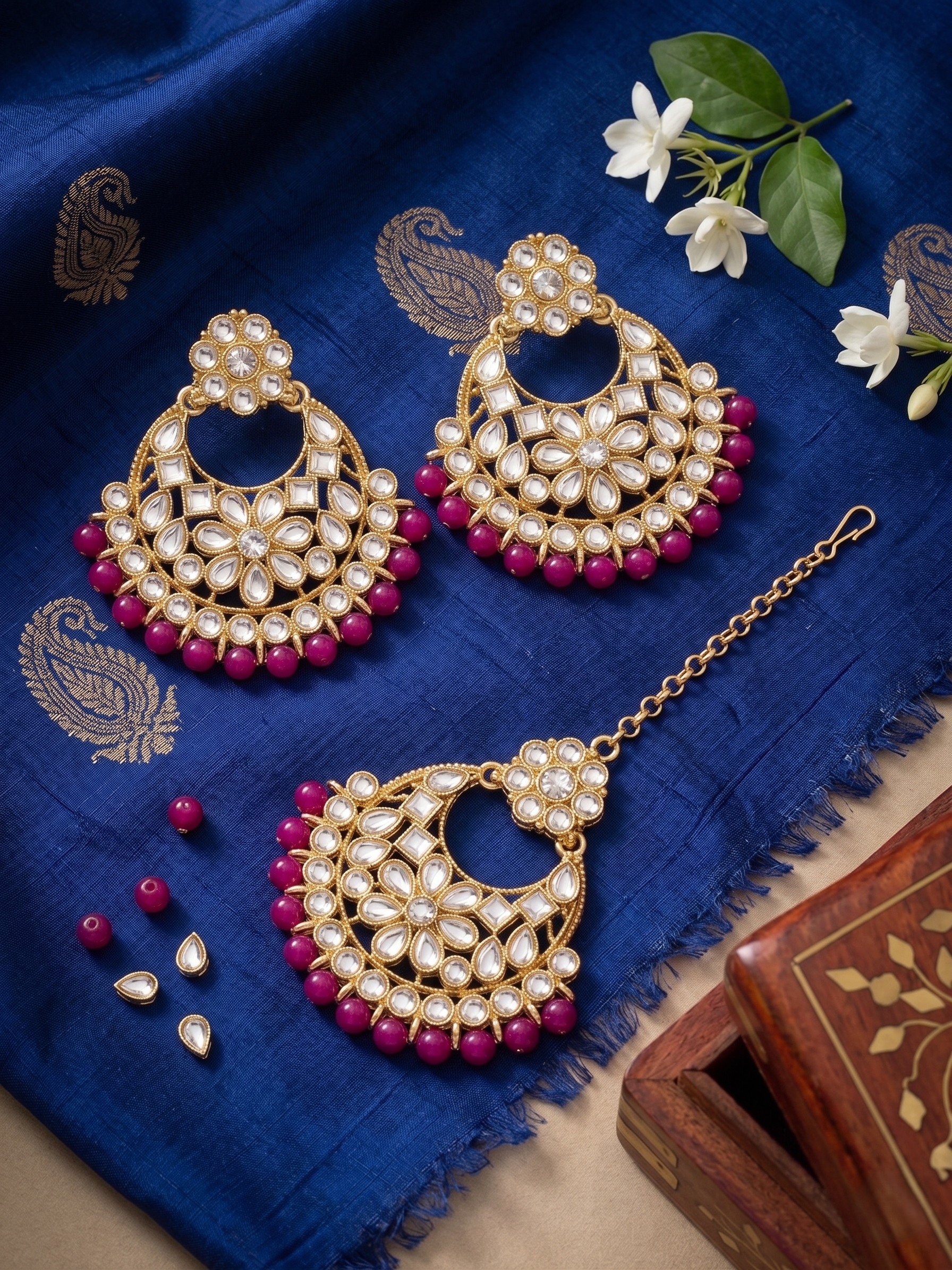Traditional Flower Motif Chandbali Earring Set with Matching Tikka