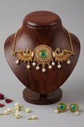 Antique Gold Peacock Choker Necklace and Stud Earrings Set with Pearl Drops