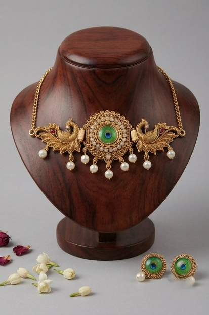 Antique Gold Peacock Choker Necklace and Stud Earrings Set with Pearl Drops