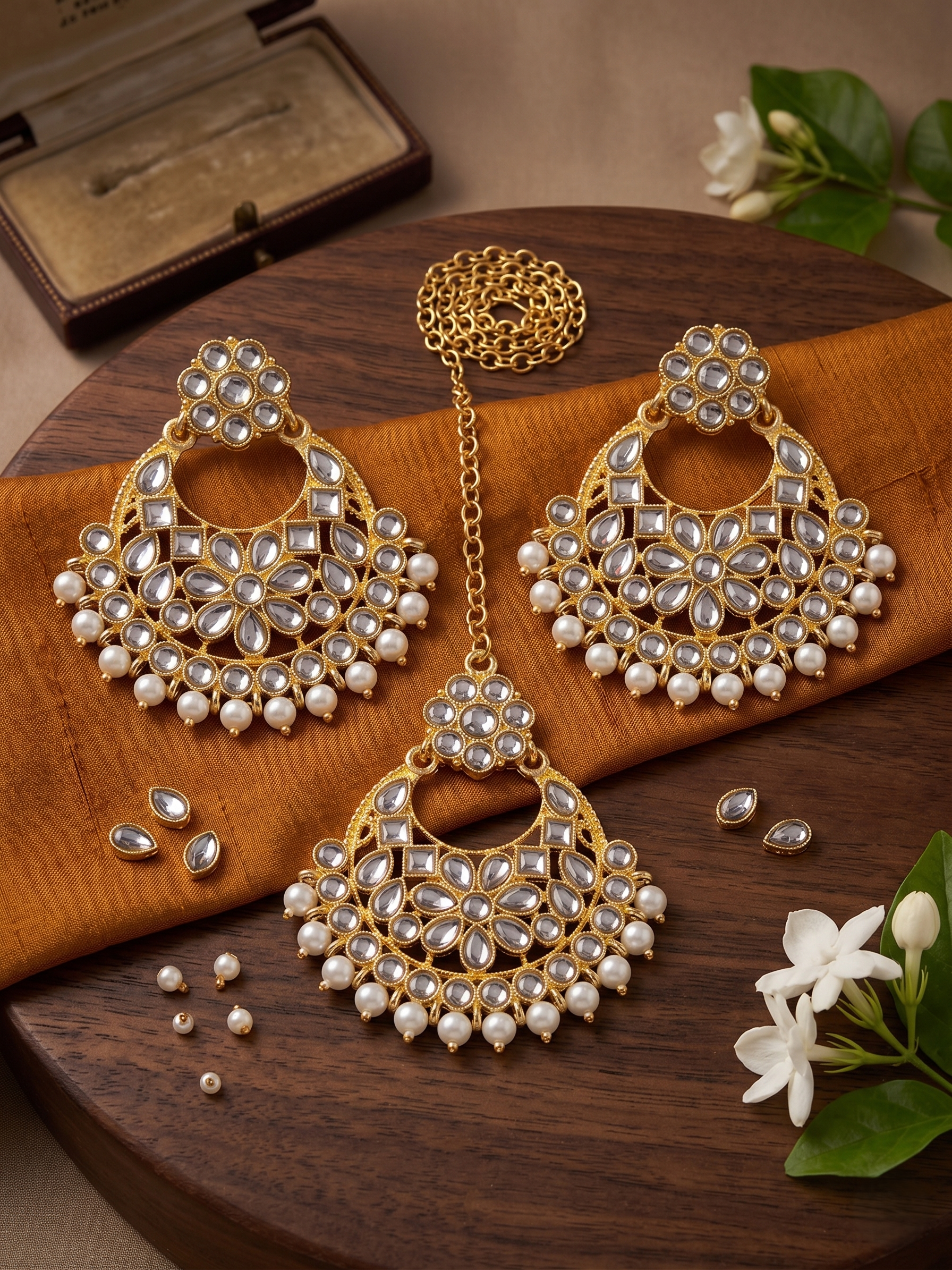 Traditional Clear Stone Cluster Chandbali Earring Set with Matching Tikka