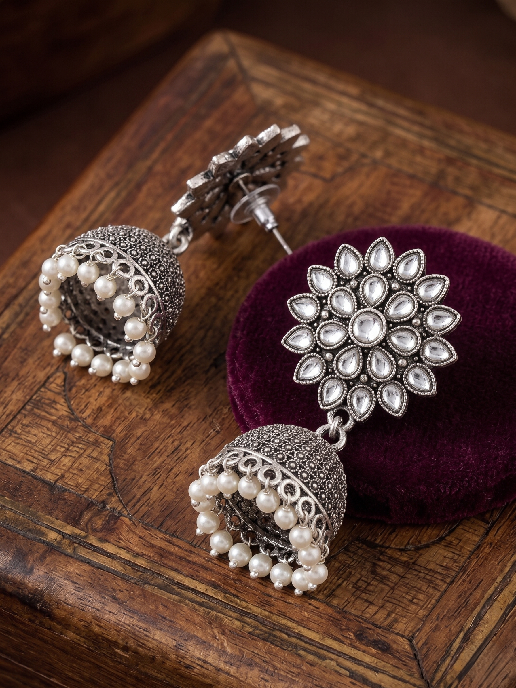 Silver Jhumka Earrings with Teardrop Crystals & Pearl Beads – Floral Ethnic Drop Earrings