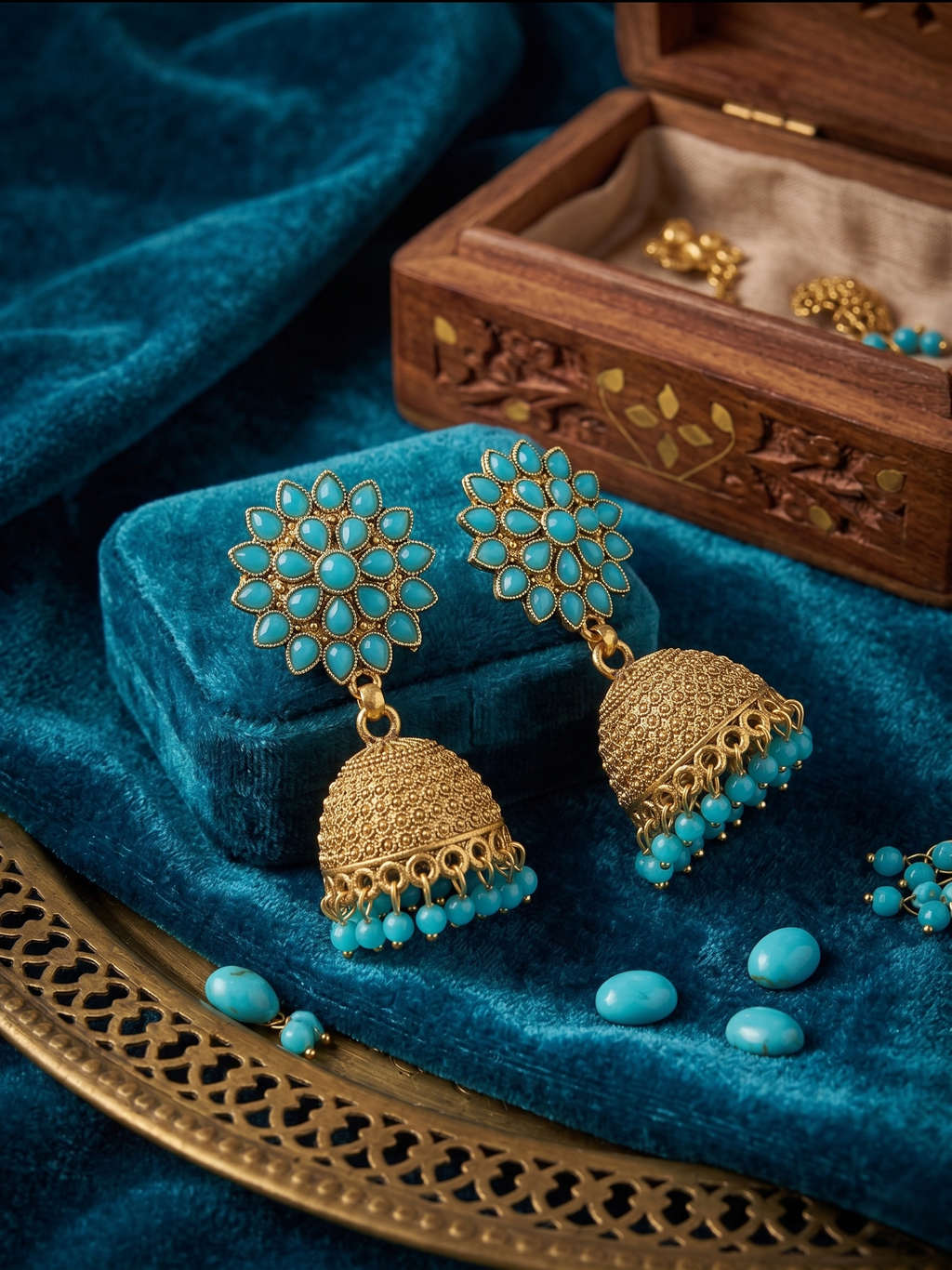 Gold Turquoise Jhumka Earrings – Floral Ethnic Handcrafted Drop Earrings with Beaded Fringe
