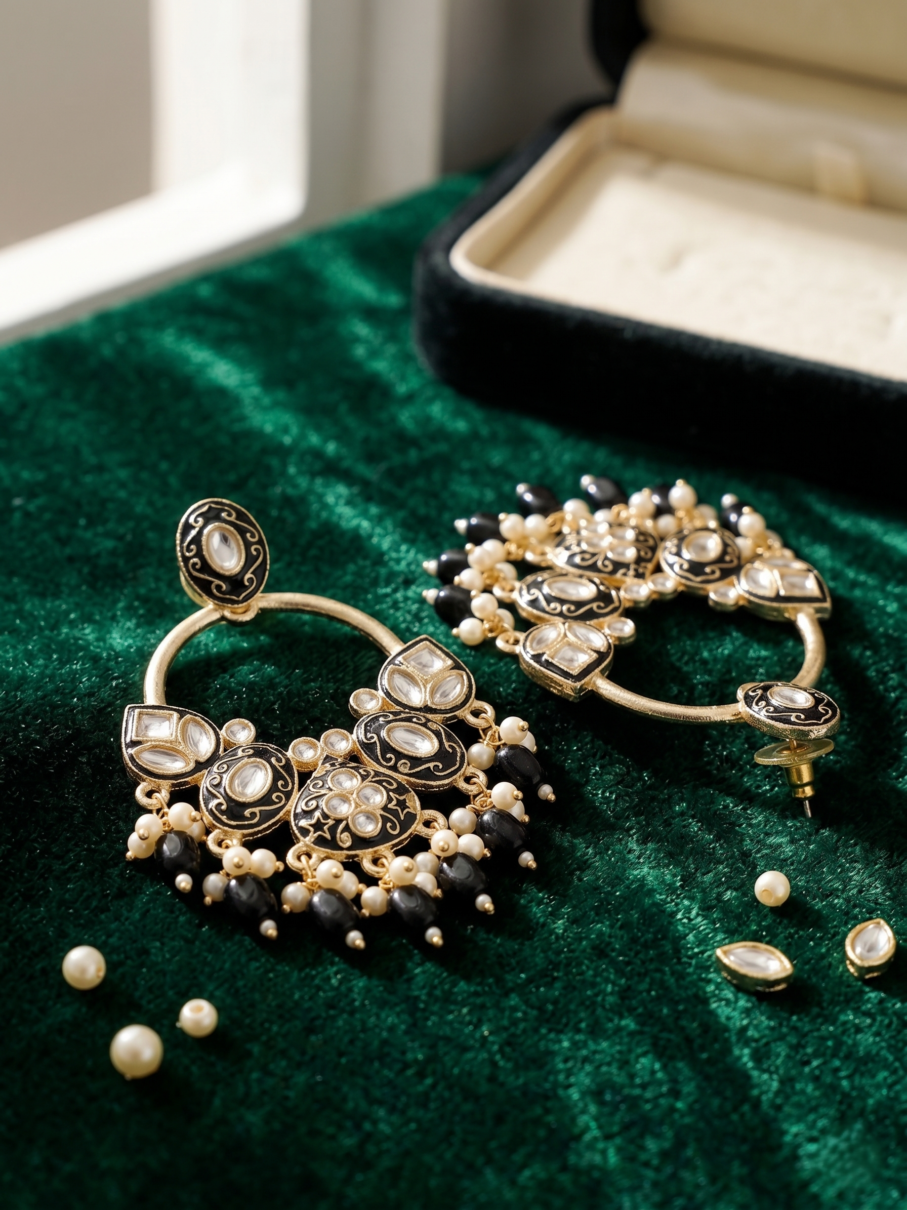 Gold & Black Enamel Semi-Circle Drop Earrings with Crystal & Pearl Bead Fringe