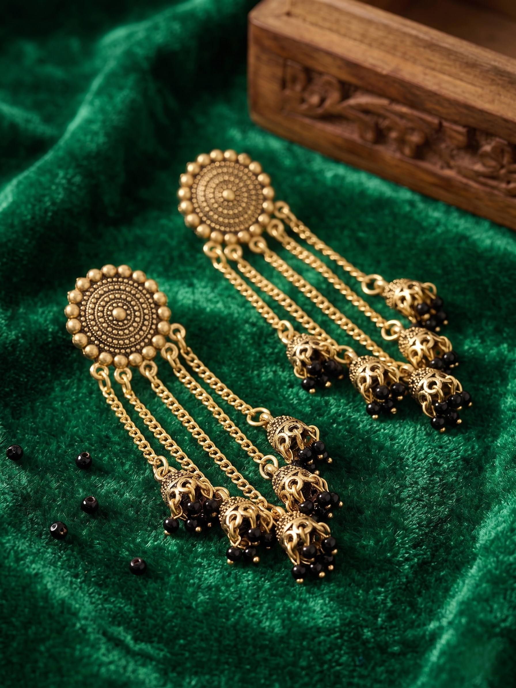 Gold Chain Drop Earrings with Bell Charms & Black Beads – Handcrafted Ethnic Layered Earrings
