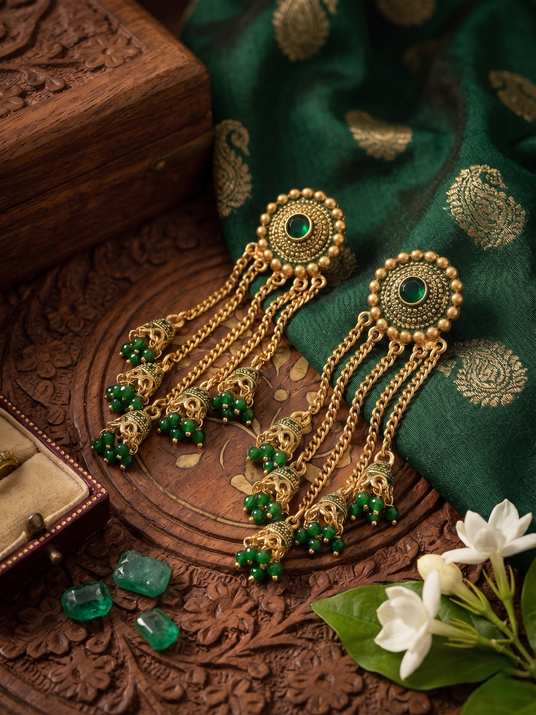 Gold-Plated Cascading Multi-Layer Jhumka Earrings with Green Bead Accents