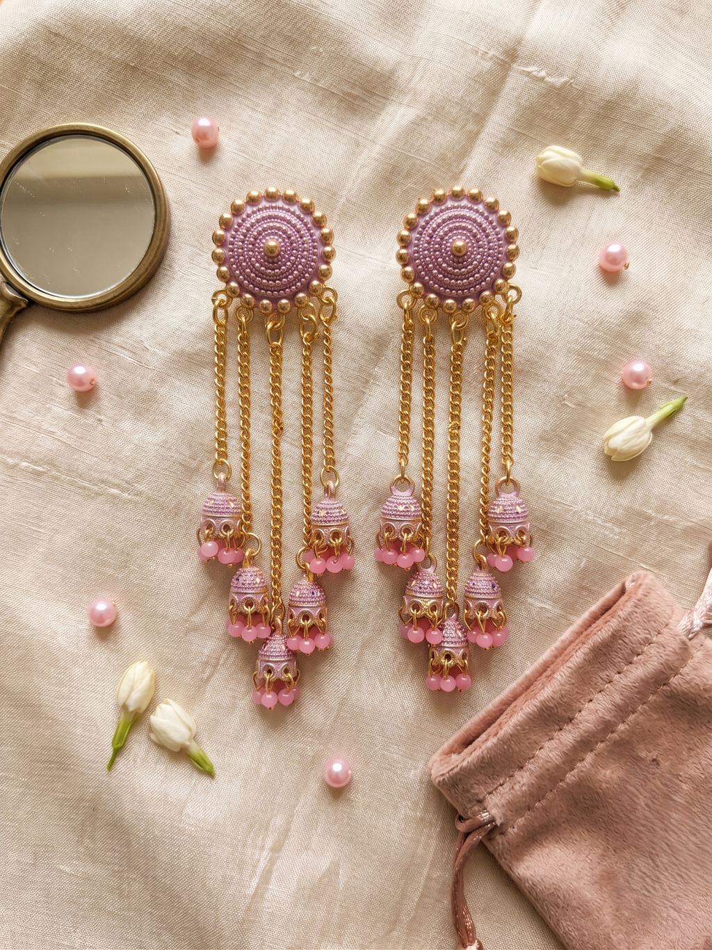 Gold-Plated Cascading Multi-Layer Jhumka Earrings with Pastel Pink Beads