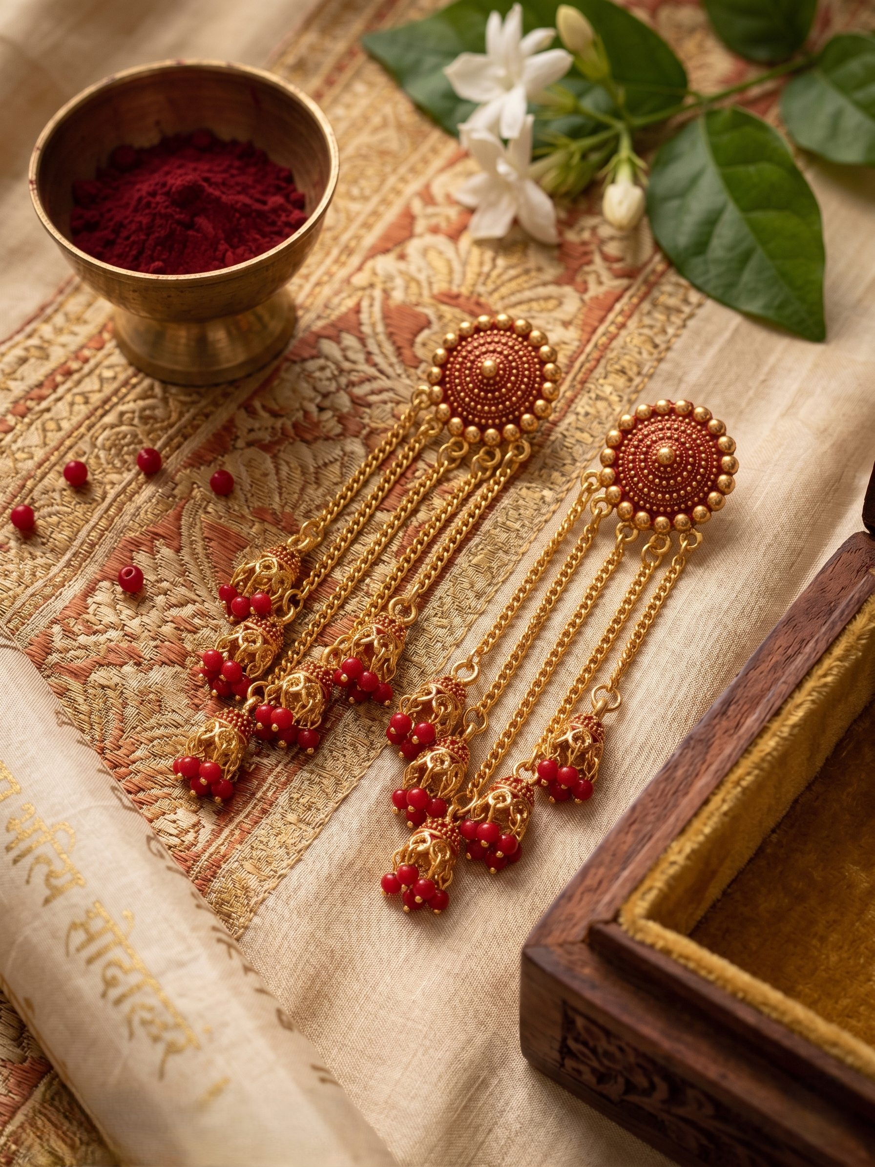 Gold-Plated Cascading Multi-Layer Jhumka Earrings with Ruby Red Beads