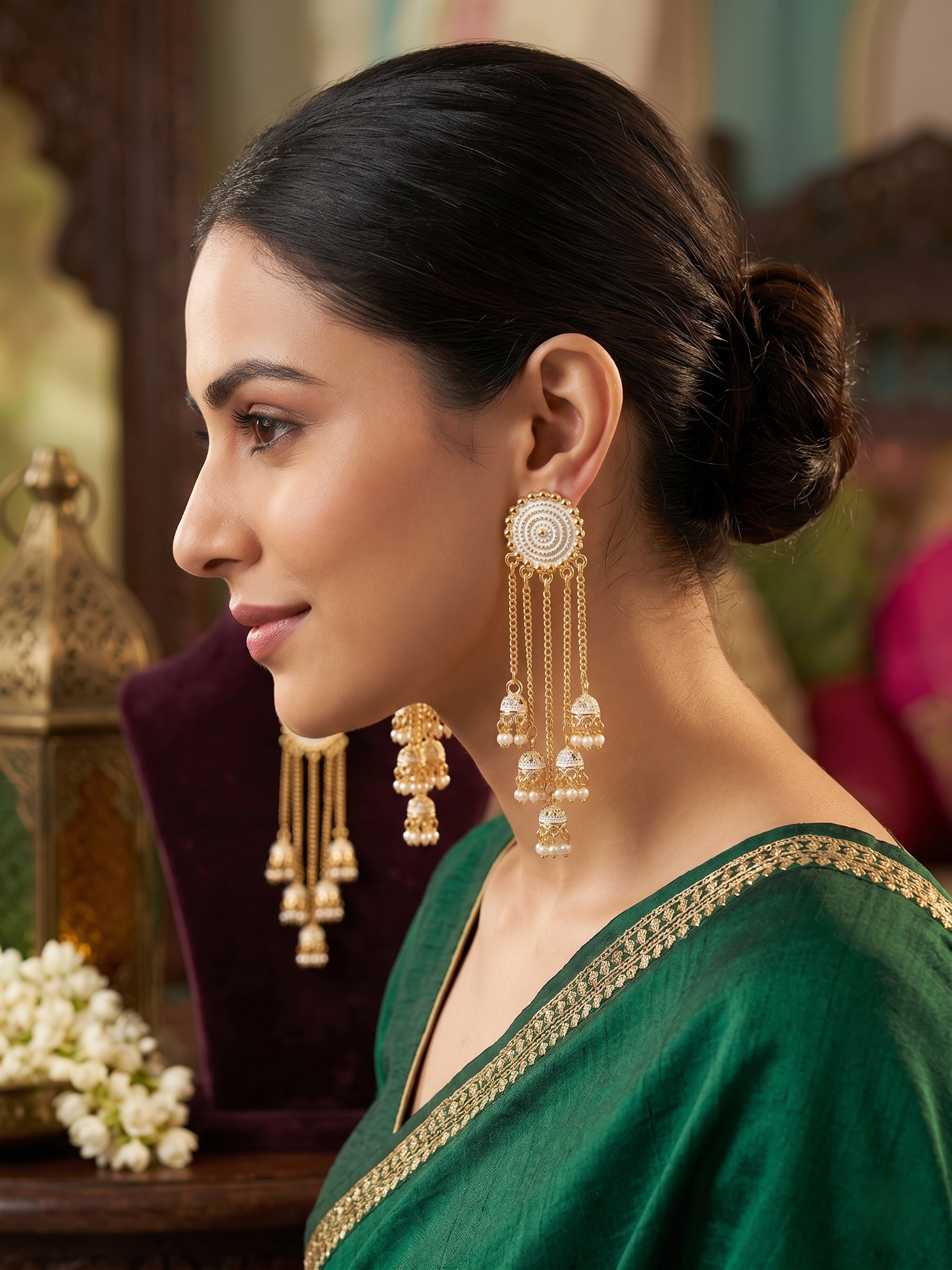 Gold-Plated Cascading Multi-Layer Jhumka Earrings with White Pearl Beads