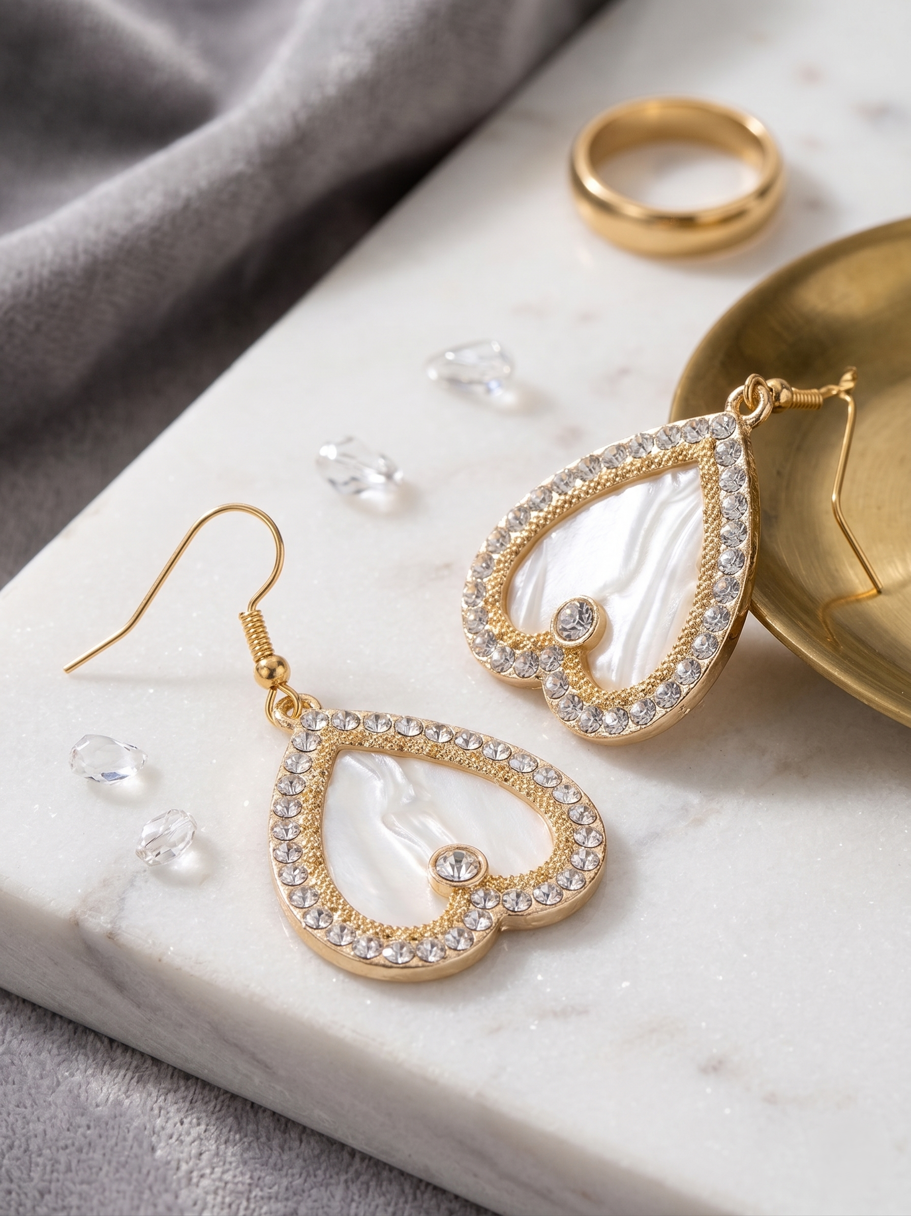 Heart Shape Mother-of-Pearl Earrings – Gold with Gemstone Border