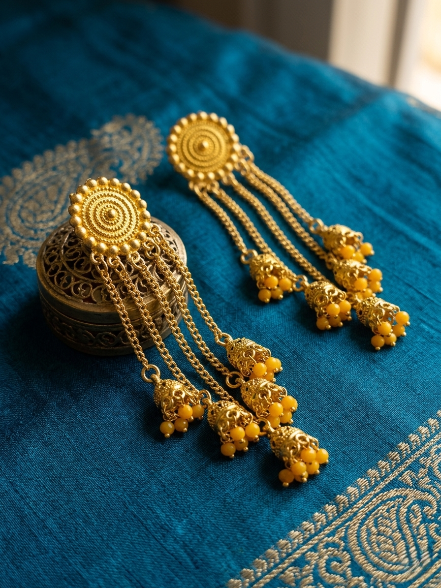 Gold-Plated Kundan Chandbali Earrings with Royal Blue Glass Beads