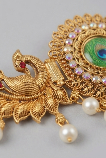 Antique Gold Peacock Choker Necklace and Stud Earrings Set with Pearl Drops