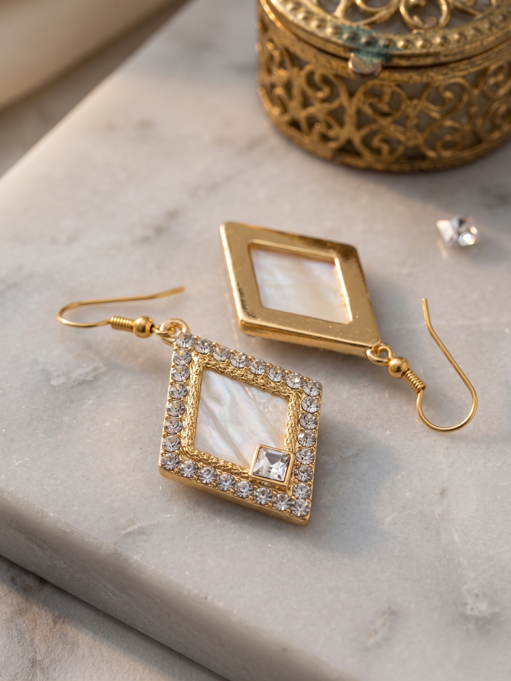 Diamond Shape Gold Drop Earrings – Minimal Crystal Design