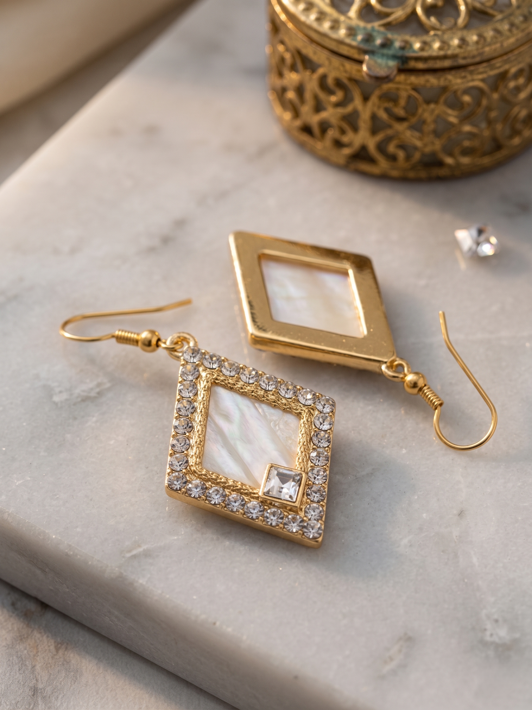 Diamond Shape Gold Drop Earrings – Minimal Crystal Design
