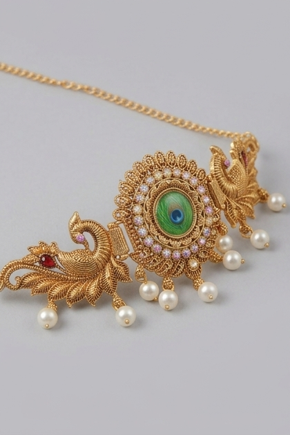 Antique Gold Peacock Choker Necklace and Stud Earrings Set with Pearl Drops