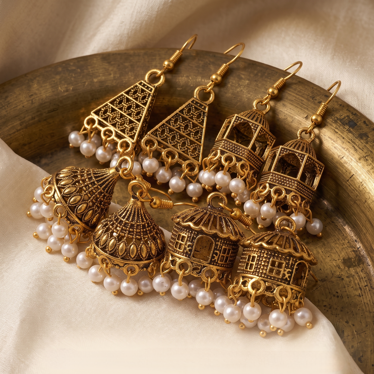 ROSS RUBY Gold-Tone Metal Pearl Jhumka Earring Set - 4 Pairs Geometric & Dome