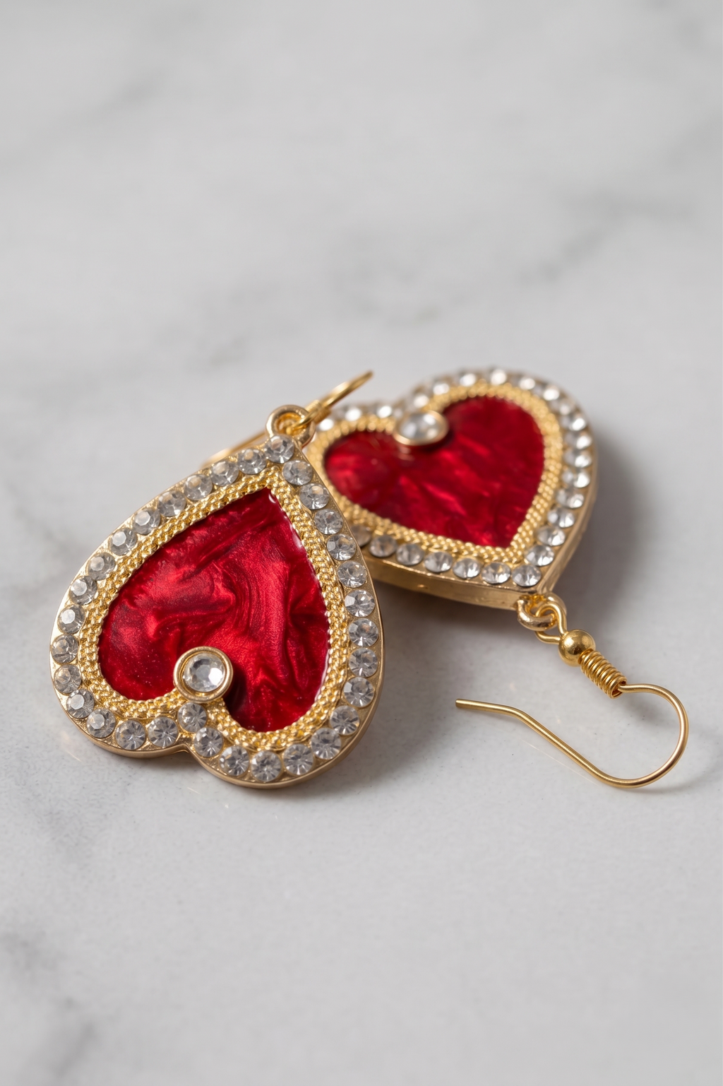 Heart Shape Red Crystal Drop Earrings – Rhinestone Border & Gold Hook