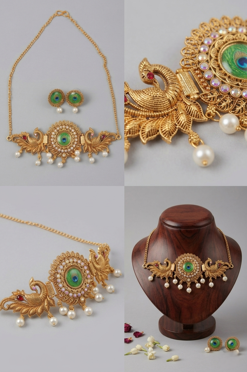 Antique Gold Peacock Choker Necklace and Stud Earrings Set with Pearl Drops