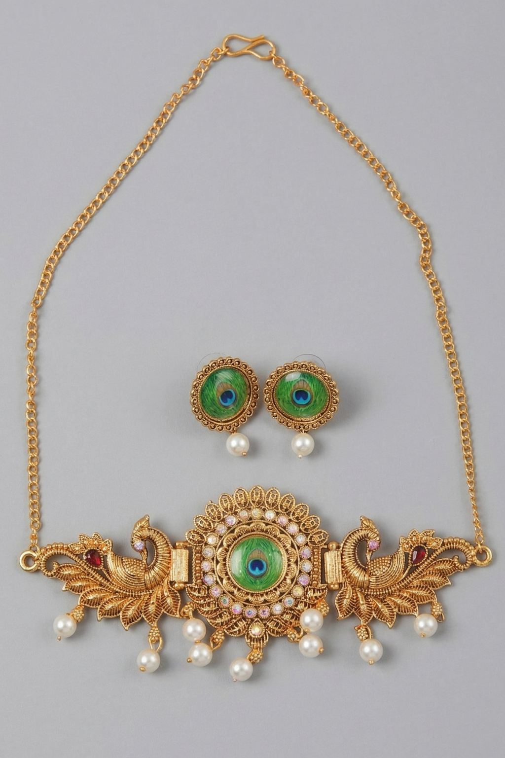 Antique Gold Peacock Choker Necklace and Stud Earrings Set with Pearl Drops