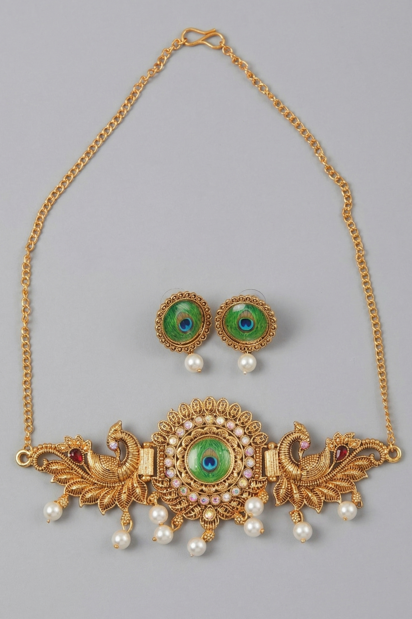 Antique Gold Peacock Choker Necklace and Stud Earrings Set with Pearl Drops
