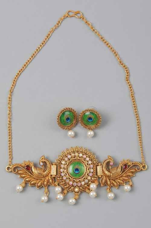 Antique Gold Peacock Choker Necklace and Stud Earrings Set with Pearl Drops
