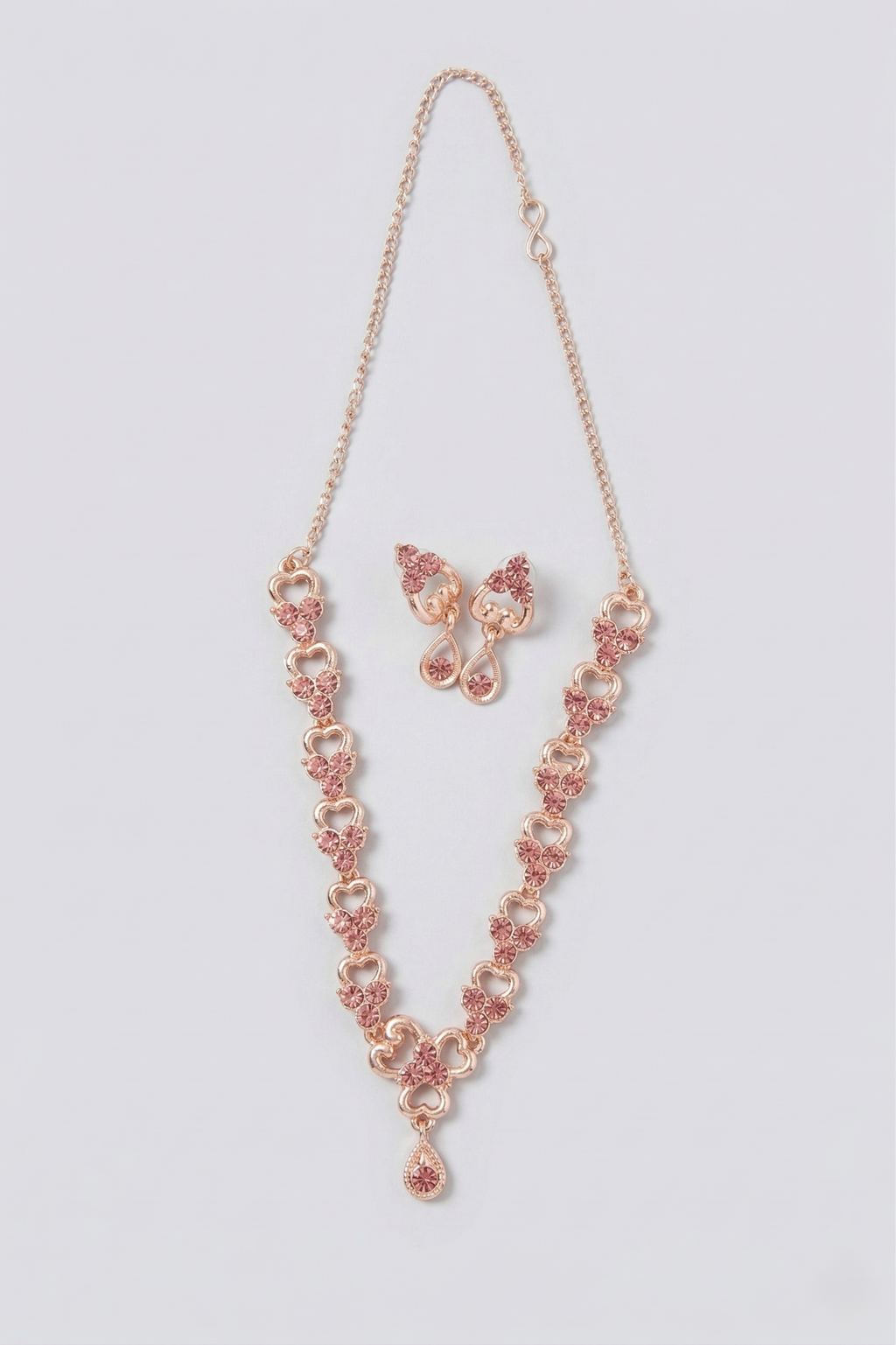 Rose Gold Blush Pink Crystal Necklace & Earring Set – Heart Cluster Teardrop Imitation Jewellery for Women