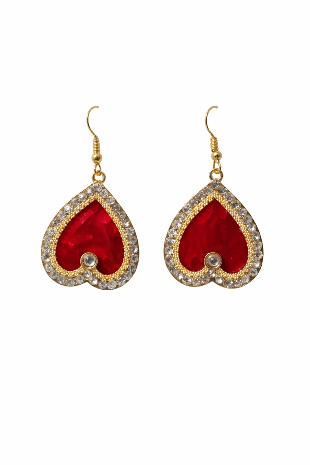 Heart Shape Red Crystal Drop Earrings – Rhinestone Border & Gold Hook