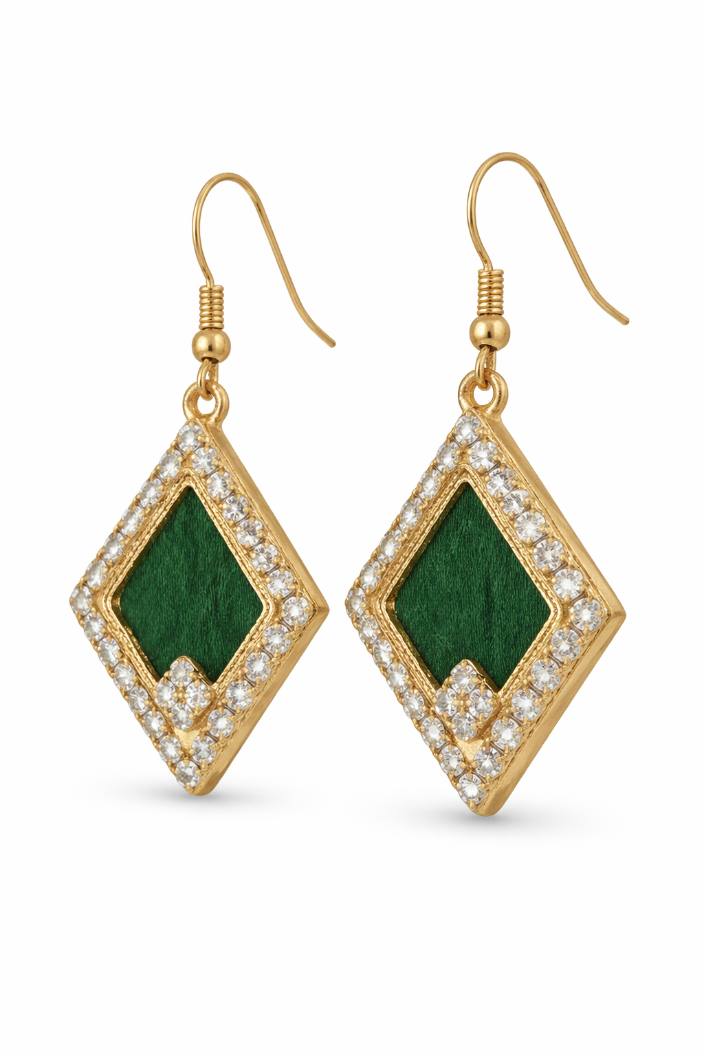 Green Crystal Diamond Drop Earrings – Gold & Rhinestone