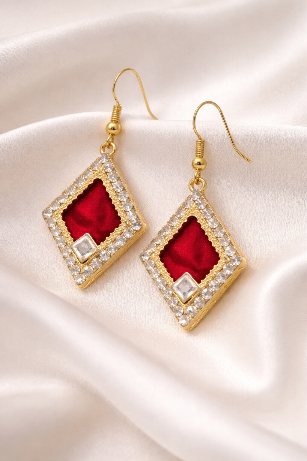 Diamond Shape Red Gem Drop Earring – Gold Setting with Crystal Halo