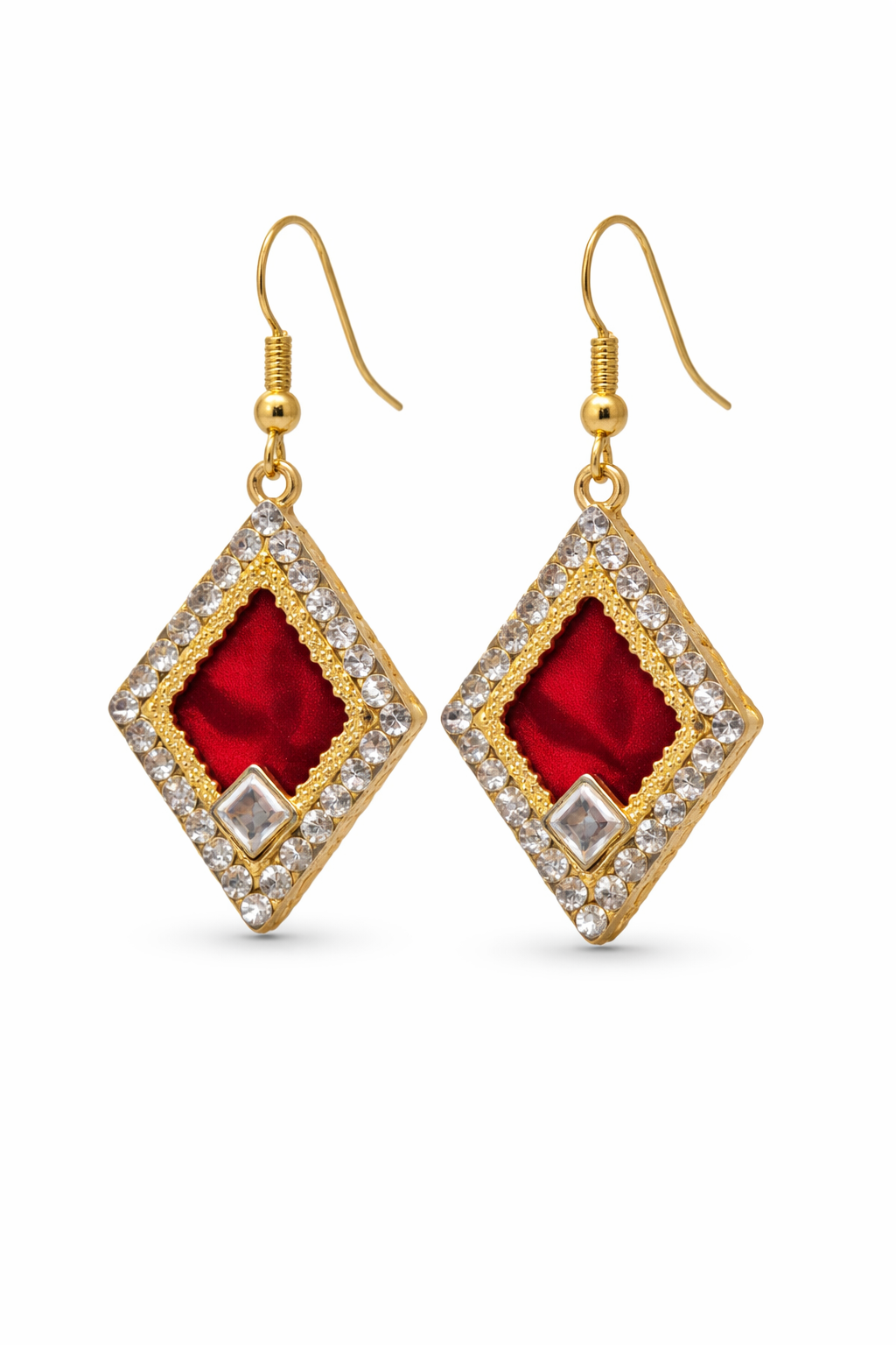 Diamond Shape Red Gem Drop Earring – Gold Setting with Crystal Halo